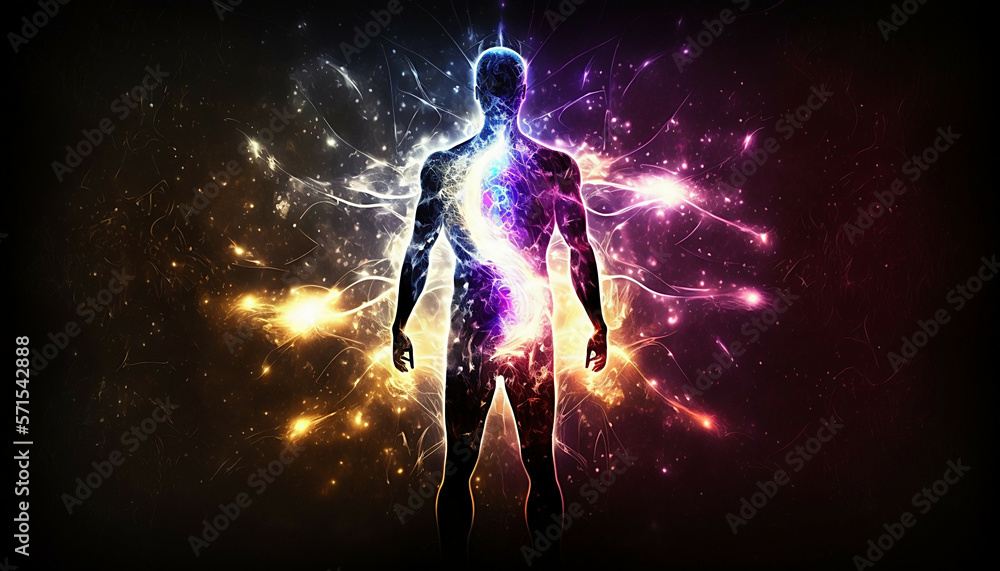 universe meta human god spirit silhouette on galaxy space background, new quality colorful spiritual stock image illustration wallpaper design, Generative AI   - obrazy, fototapety, plakaty 