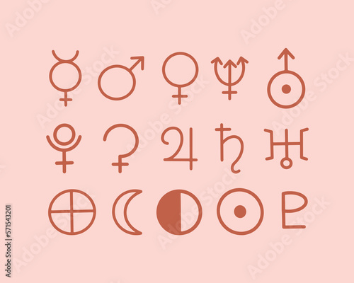 Vector isolated illustration of planet icons set. Astrological designations.