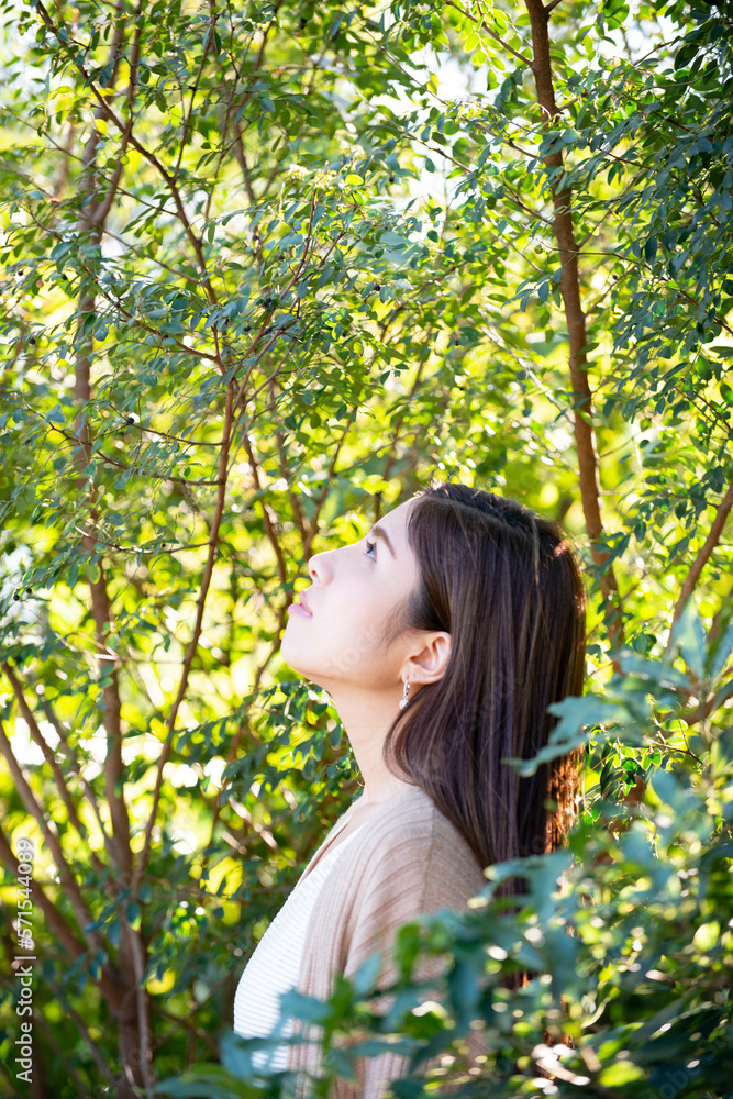 木々の中にいる女性の横顔 木々の中にいる女性の横顔