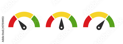 Speedometer states set. Measurement symbol, indication scale design. Flat, vector illustration .