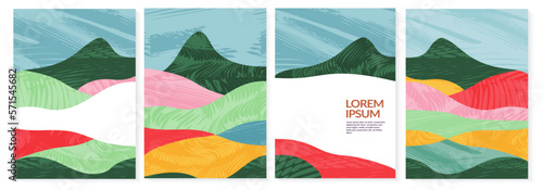 Trendy agriculture field template or farm card background. Nature or hill pattern layout, spring countryside poster, ecology flayer. Summer nature backdrop, organic design set. Abstract eco mountain