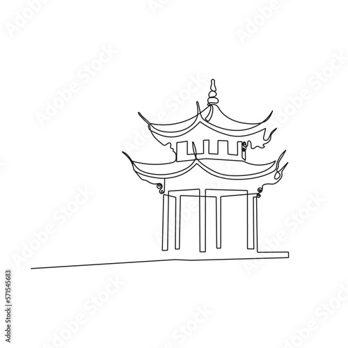 Ancient pavilion silhouette in hangzhou, China. One line art. Jixian pavilion on the west lake in hangzhou. Tourism concept. Vector illustration.