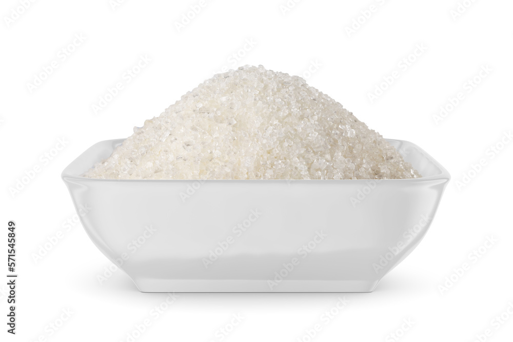 Crystal sugar in square bowl isolated on white. Front view. Crystal sugar in square bowl isolated on white. Front view.