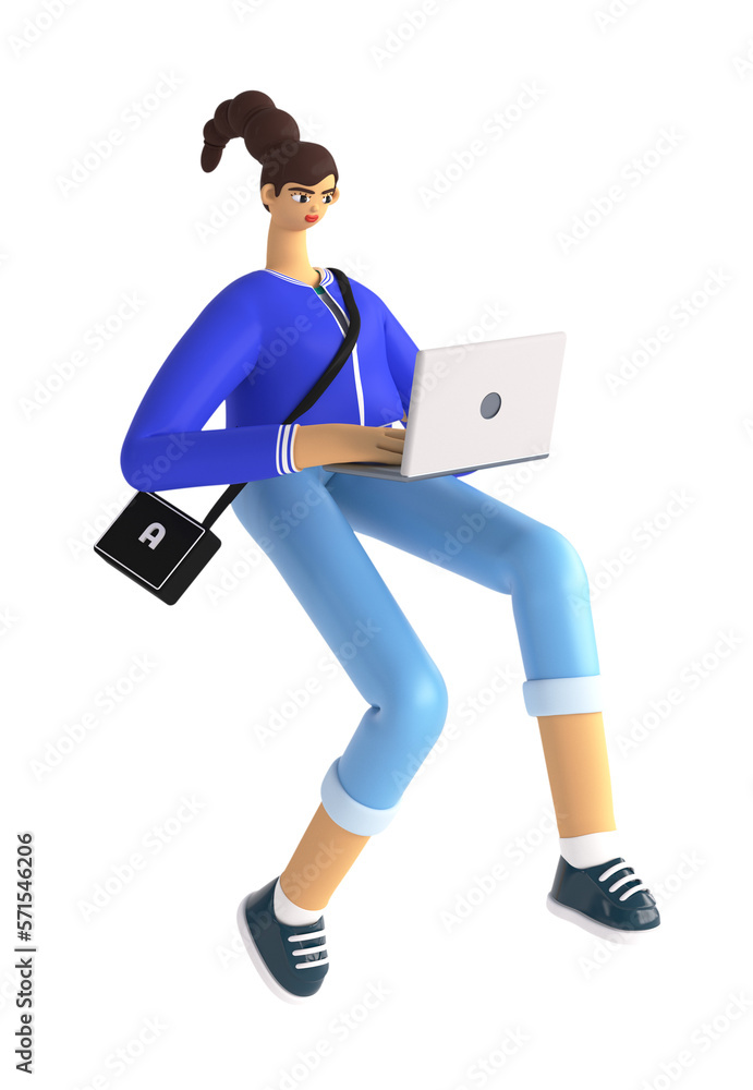 3D abstract illustration of creative woman flying in space and working. Online education, remote working, marketing, blogging  and social media concept. Rendering image on white background.