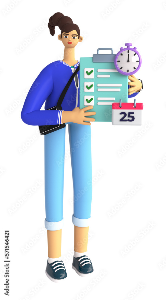 Female character holding checklist with clock and calendar icons. Planning, scheduling, achievement in business, data infographic concept. 3d render illustration on white background
