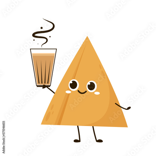 Chai character. Karak Milk Chai Illustration On Organic Background. Spicy Hot Tea Design Element Vector Design. Samosa vector illustration. Samosa is indian food.