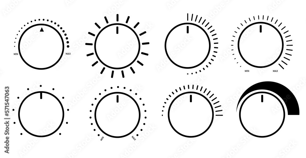 Round adjustment dial. Regulator knob, volume level and analog Min Max dials .lack and white backgrounds vector set PNG. Round adjustment dial. Regulator knob, volume level and analog Min Max dials .lack and white backgrounds vector set PNG.