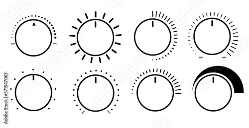 Round adjustment dial. Regulator knob, volume level and analog Min Max dials .lack and white backgrounds vector set PNG.