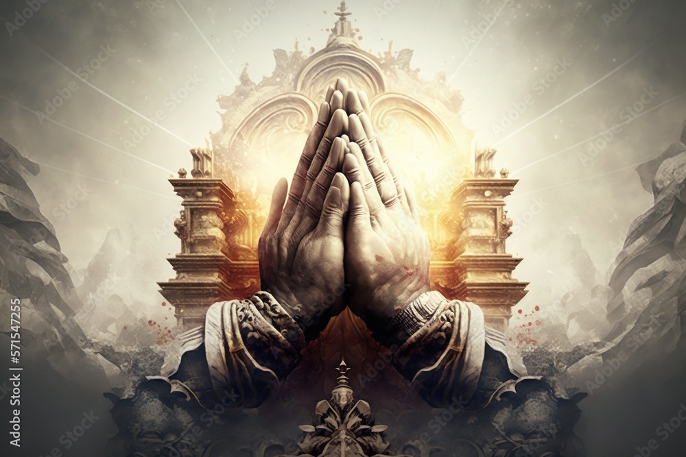 praying hands with faith in religion and belief in God on blessing ...