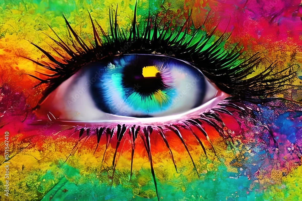 Stylized portrait of a woman's Eye, mixed technique, with a colorful abstract background. With paint splashes. stains of colored paints, splashes. generative AI