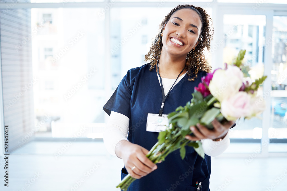 Pride, celebration and portrait of a doctor with flowers at a hospital for promotion and gift for work. Medic, happy and female nurse with bouquet as present for commitment in healthcare nursing job Pride, celebration and portrait of a doctor with flowers at a hospital for promotion and gift for work. Medic, happy and female nurse with bouquet as present for commitment in healthcare nursing job