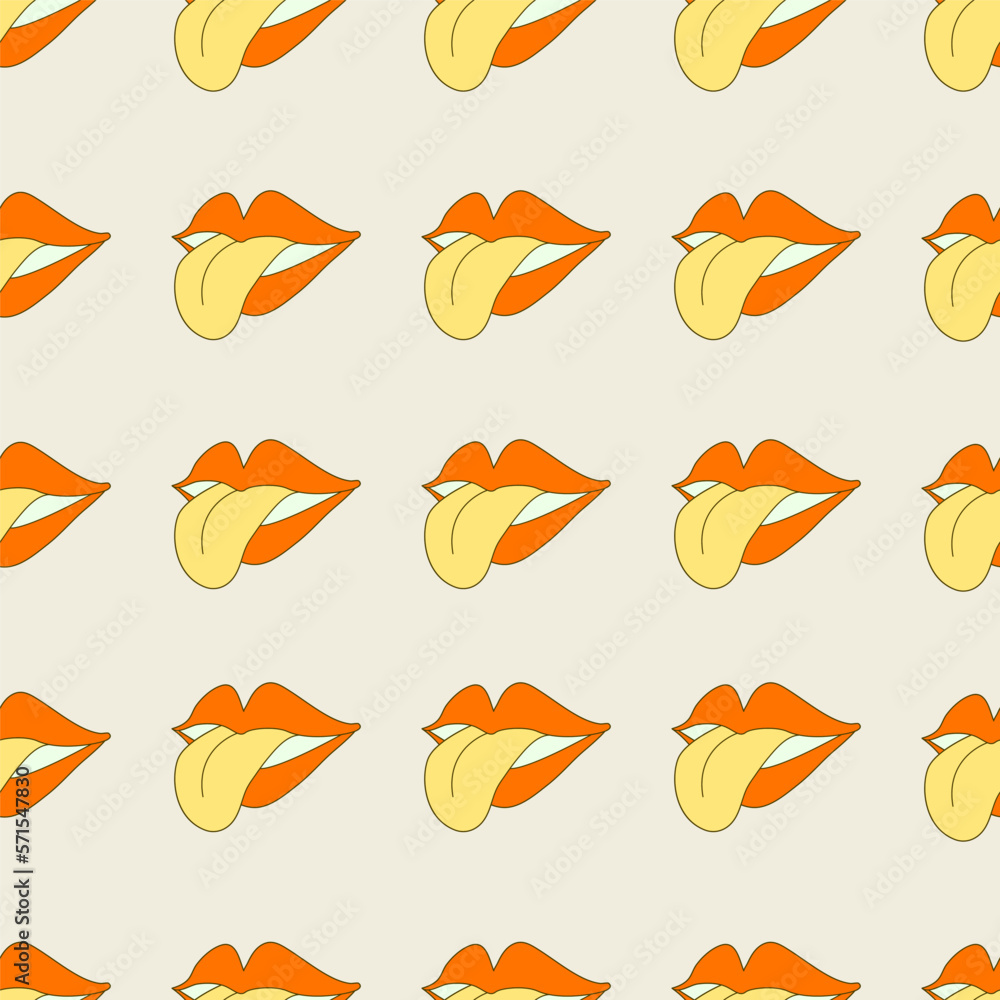 Hippie seamless pattern with lips and tongue. Retro 70s vector illustration. Groovy cartoon style.