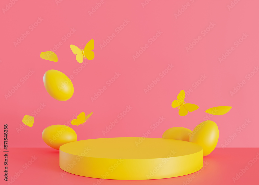 Yellow podium with Easter eggs and copy space. Trendy, vivid stage for product, cosmetic presentation. Easter mock up. Pedestal, platform for beauty products. Empty scene. Display, showcase. 3D render