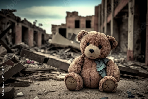Lonely teddy bear on the ruins of a house after an earthquake, hurricane, flood, explosion, Generative AI