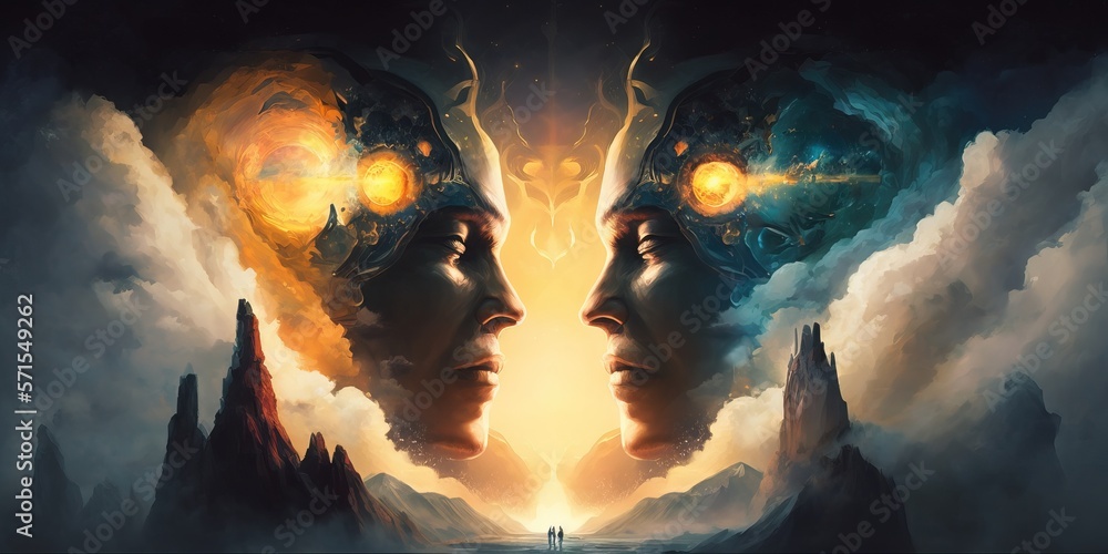 Illustration of twin gods. Gemini Zodiac Sign. Fantastic scenery. Concept. Generative AI Illustration - obrazy, fototapety, plakaty 