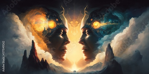 Illustration of twin gods. Gemini Zodiac Sign. Fantastic scenery. Concept. Generative AI Illustration