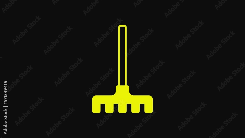 Yellow Garden rake icon isolated on black background. Tool for horticulture, agriculture, farming. Ground cultivator. Housekeeping equipment. 4K Video motion graphic animation Yellow Garden rake icon isolated on black background. Tool for horticulture, agriculture, farming. Ground cultivator. Housekeeping equipment. 4K Video motion graphic animation