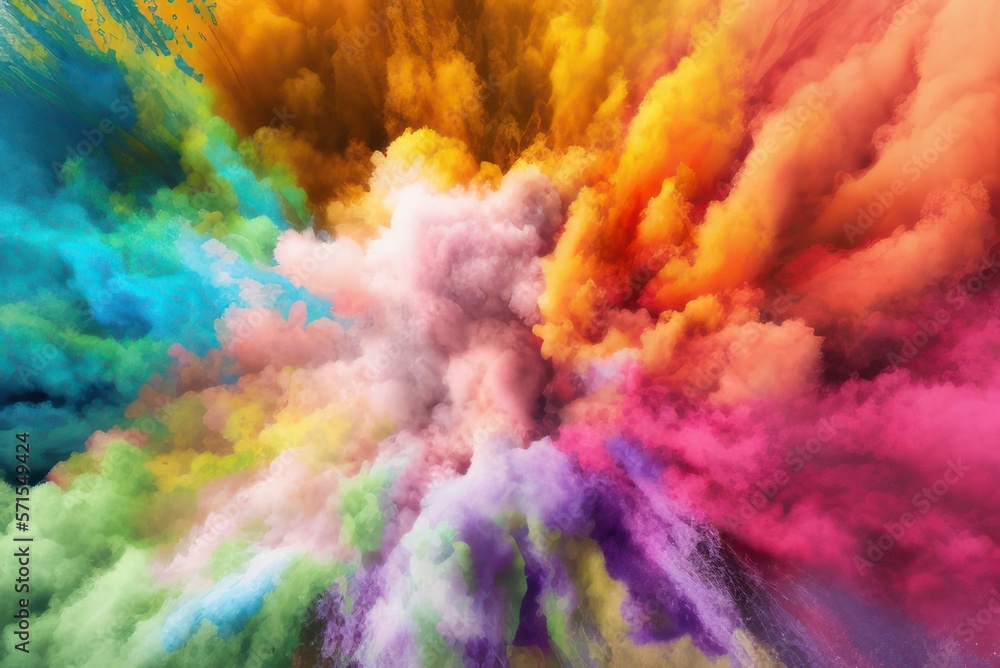colorful explosion of Holi paint powder, with a dynamic texture and a vivid spectrum of rainbow colors. Generative AI