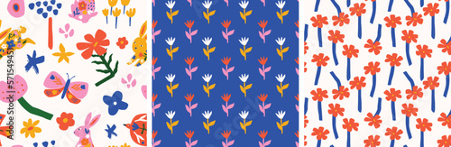 Set of spring flowers seamless pattern. Colorful and bright hand drawn florals in simple shapes. Trendy fashionable print for textiles and wallpaper.