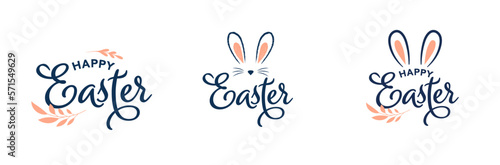 Happy Easter. Bunnies, eggs and flowers. Modern style design, pastel colors