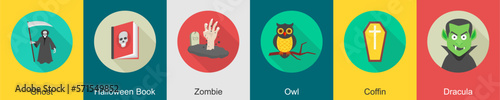 A set of 6 halloween icons as ghost, halloween book, zombie