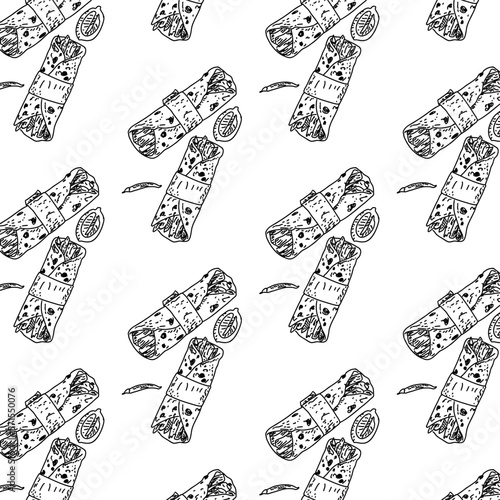 Shawarma Kebab pattern fast food. Seamless pattern. Concept of doner kebab, street food, barbecue, cuisine. Vintage design template, banner. Fresh vegetables. Vector hand drawn sketch illustration.