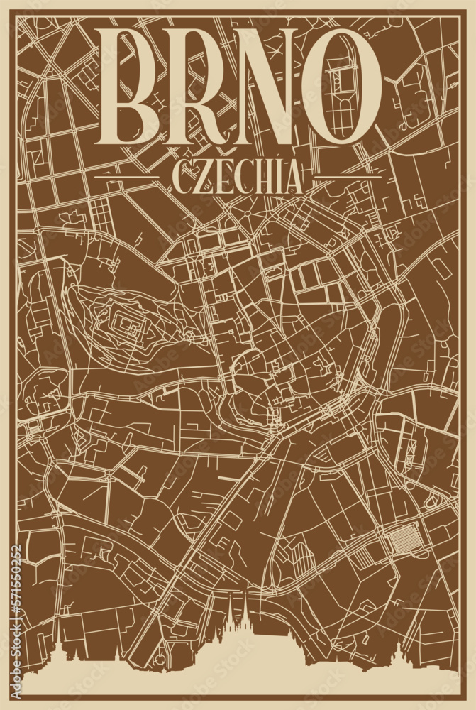 Brown hand-drawn framed poster of the downtown BRNO, CZECH REPUBLIC with highlighted vintage city skyline and lettering