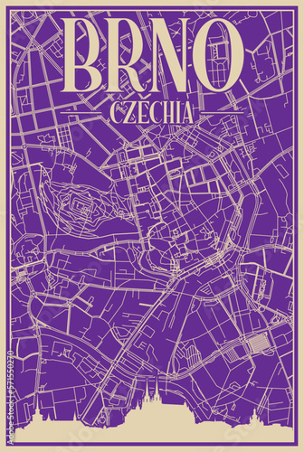 Purple hand-drawn framed poster of the downtown BRNO, CZECH REPUBLIC with highlighted vintage city skyline and lettering