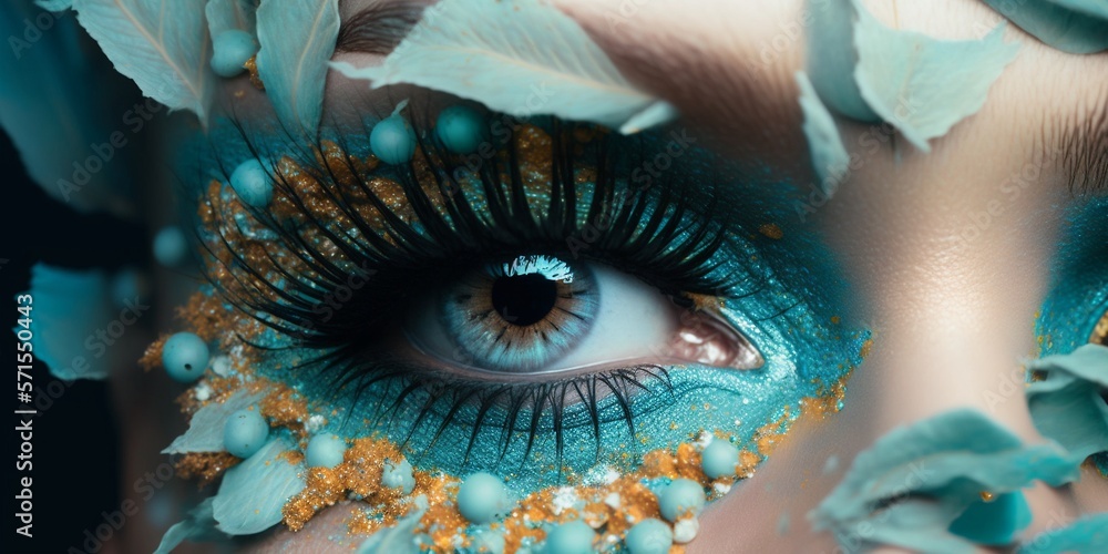 Edel geschminktes Auge in tollen Farben, Iris Fotografie ganz nah, ai generativ
