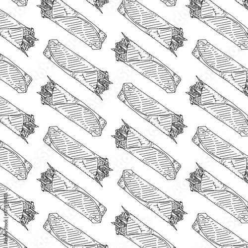 Shawarma Kebab pattern fast food. Seamless pattern. Concept of doner kebab, street food, barbecue, cuisine. Vintage design template, banner. Fresh vegetables. Vector hand drawn sketch illustration.