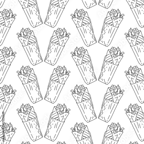Shawarma Kebab pattern fast food. Seamless pattern. Concept of doner kebab, street food, barbecue, cuisine. Vintage design template, banner. Fresh vegetables. Vector hand drawn sketch illustration.