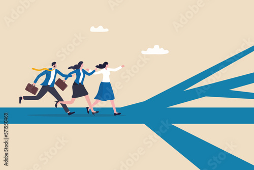 Career path, work opportunity or choices, choosing the right path, business challenge or decision point concept, business people running on career path to choose different direction for their job.