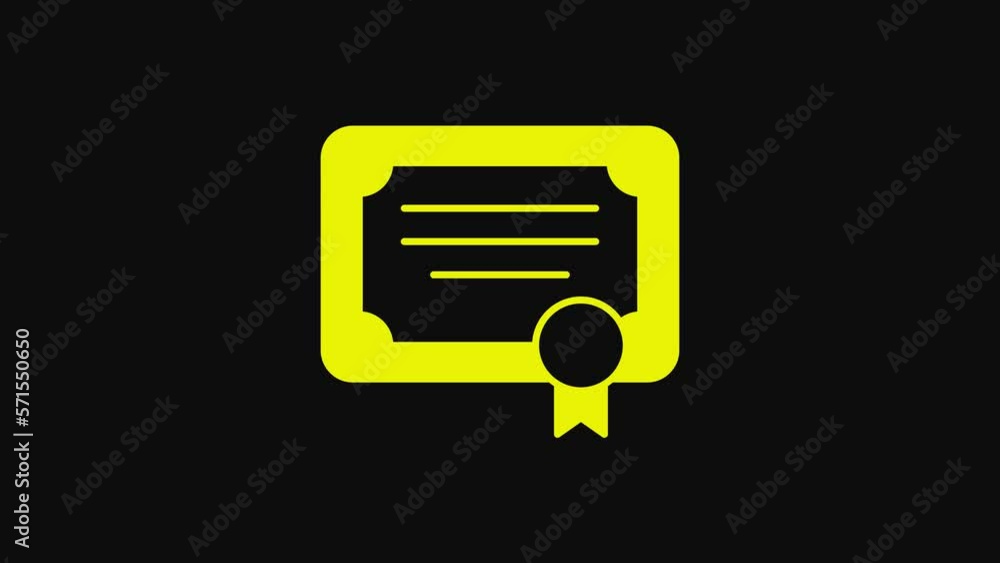 Yellow Certificate template icon isolated on black background. Achievement, award, degree, grant, diploma concepts. 4K Video motion graphic animation Yellow Certificate template icon isolated on black background. Achievement, award, degree, grant, diploma concepts. 4K Video motion graphic animation