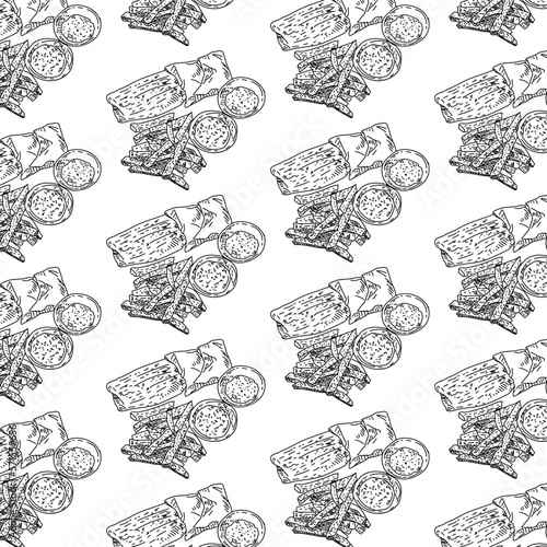 Shawarma Kebab pattern fast food. Seamless pattern. Concept of doner kebab, street food, barbecue, cuisine. Vintage design template, banner. Fresh vegetables. Vector hand drawn sketch illustration.
