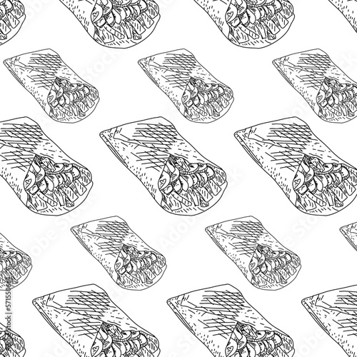 Shawarma Kebab pattern fast food. Seamless pattern. Concept of doner kebab, street food, barbecue, cuisine. Vintage design template, banner. Fresh vegetables. Vector hand drawn sketch illustration.