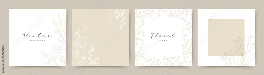 Neutral abstract background with hand drawn floral elements in beige color. Vector design templates for postcard, poster, business card, flyer, magazine, social media post, banner, wedding invitation - obrazy, fototapety, plakaty 
