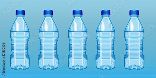 Fresh drinking water in plastic bottles on a blue background. Generative AI