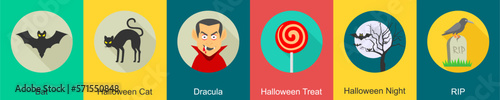 A set of 6 halloween icons as bat, halloween cat, dracula