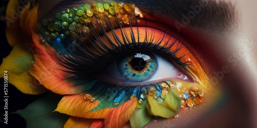 Edel geschminktes Auge in tollen Farben, Iris Fotografie Nahaufnahme, ai generativ