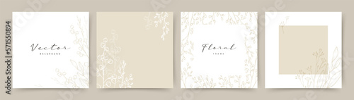 Neutral abstract background with hand drawn floral elements in beige color. Vector design templates for postcard, poster, business card, flyer, magazine, social media post, banner, wedding invitation
