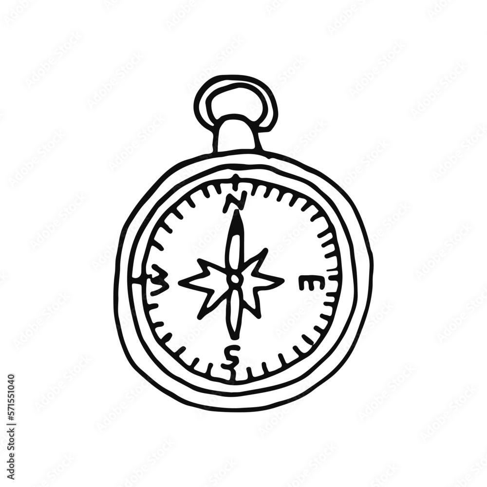 Compass. A device for determining the countries of the world and horizontal directions on the ground. Doodle. Vector illustration. Hand drawn. Outline. Compass. A device for determining the countries of the world and horizontal directions on the ground. Doodle. Vector illustration. Hand drawn. Outline.
