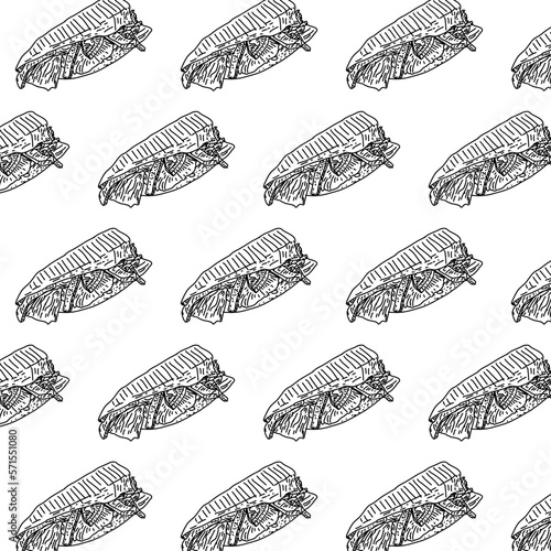 Shawarma Kebab pattern fast food. Seamless pattern. Concept of doner kebab, street food, barbecue, cuisine. Vintage design template, banner. Fresh vegetables. Vector hand drawn sketch illustration.
