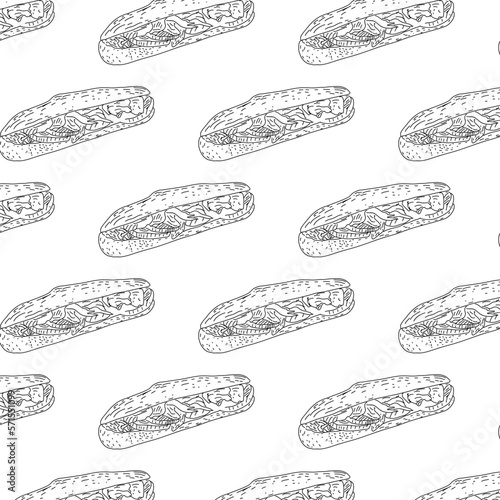 Shawarma Kebab pattern fast food. Seamless pattern. Concept of doner kebab, street food, barbecue, cuisine. Vintage design template, banner. Fresh vegetables. Vector hand drawn sketch illustration.