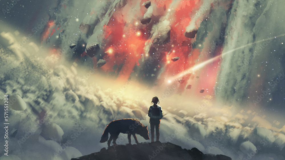girl and her wolf on top of the mountain watching the sky explode into ...