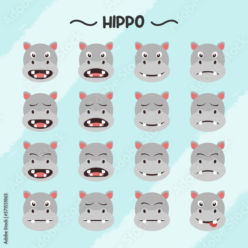Collection of hippo facial expressions in flat design style