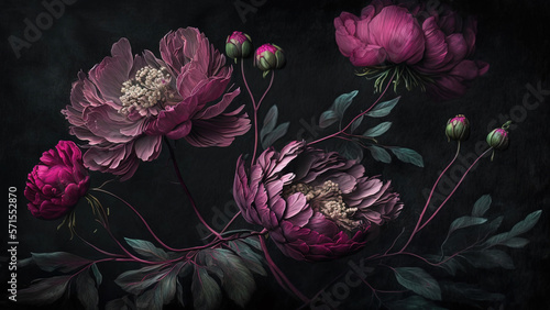 Generative AI, Close up of blooming flowerbeds of amazing viva magenta flowers on dark moody floral textured background. Photorealistic effect. 