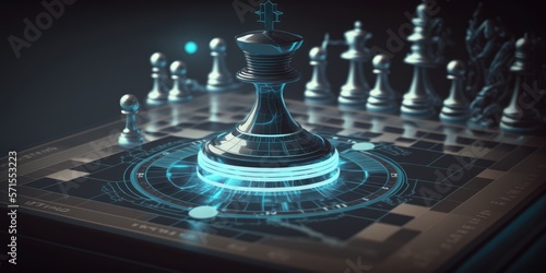 With a futuristic graphic emblem on the table, the business control chess game simulates company strategy and tactics. Idea for your advertising content's management competitiveness, success, and lead