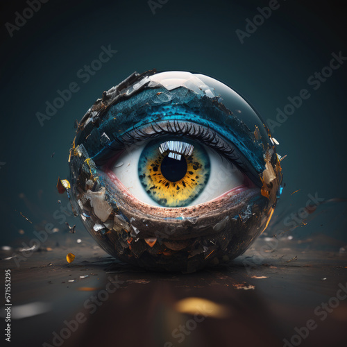 Human Eyeball made of glas on dark background. Planet Earth as eyeball. Marble looking like human eye. Generative AI photo