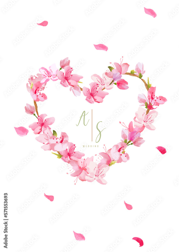 Sakura cherry blossom heart flower wreath invitation hand drawn wedding logo, frame, wedding invitation, save the date