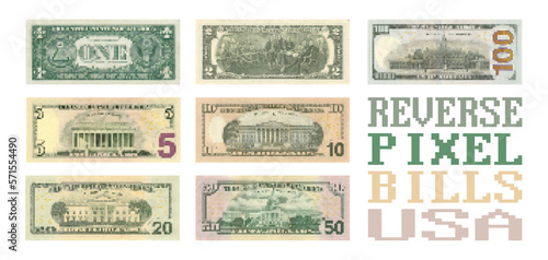 Vector set of pixel reverse sides of US banknotes. Paper American money on a white background. Denomination from 1 to 100 dollars.